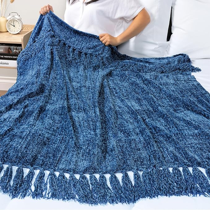 PAVILIA Blue Chenille Throw Blanket for Couch Sofa, Soft Knit Throw with Tassel, Decorative Blanket for Bed Chair Living Room, Blue 50x60