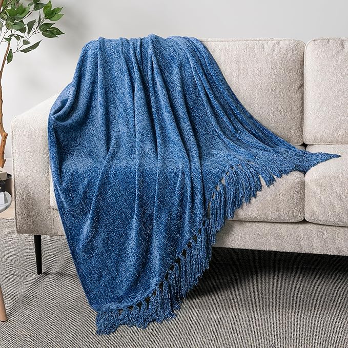 PAVILIA Blue Chenille Throw Blanket for Couch Sofa, Soft Knit Throw with Tassel, Decorative Blanket for Bed Chair Living Room, Blue 50x60