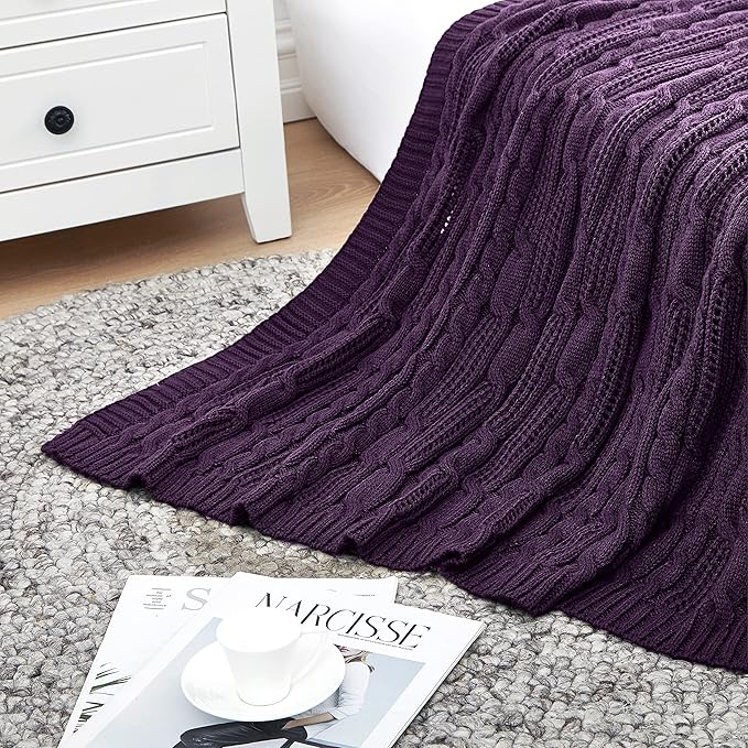 Aormenzy Cable Knit Throw Blankets 60 x 80 Inches, Soft Cozy and Lightweight Knitted Blanket, Machine Washable Acrylic Blanket, Decorative Throw Blanket for Couch Sofa Bed, Dark Purple